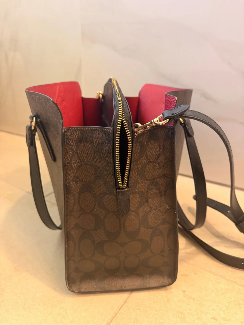 COACH Tatum  Brown Signature Crossbody Tote with Red Zip Accent